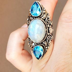 New Rainbow Moonstone & Blue Topaz 925 Silver Statement Ring.